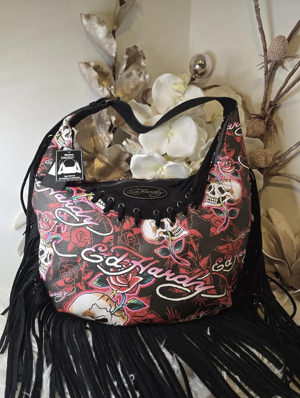 ED HARDY Red MULTI Color SKULL Rose TATTOO Logo FRINGE Shoulder HOBO Bag NWT
